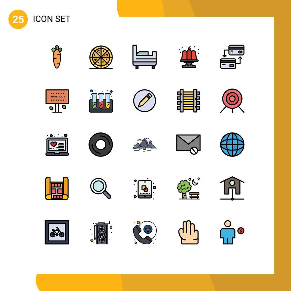 grupo de 25 signos y símbolos de colores planos de línea rellena para elementos de diseño vectorial editables de tarjeta sin efectivo de cumpleaños de crédito de signo vector