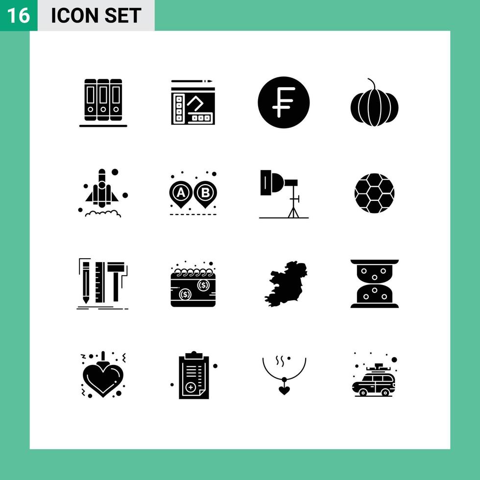 Modern Set of 16 Solid Glyphs and symbols such as road startup cash rocket vegetable Editable Vector Design Elements