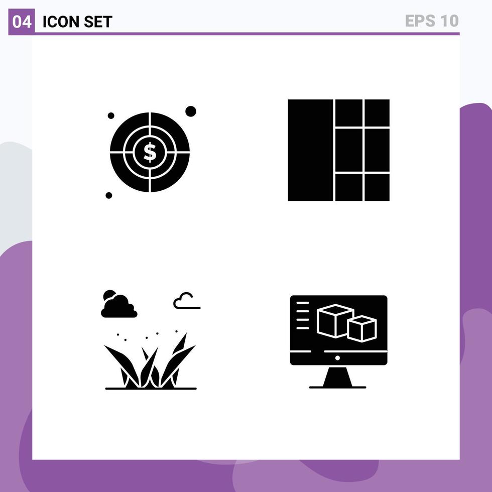 Pictogram Set of 4 Simple Solid Glyphs of business computer grid grasses box Editable Vector Design Elements