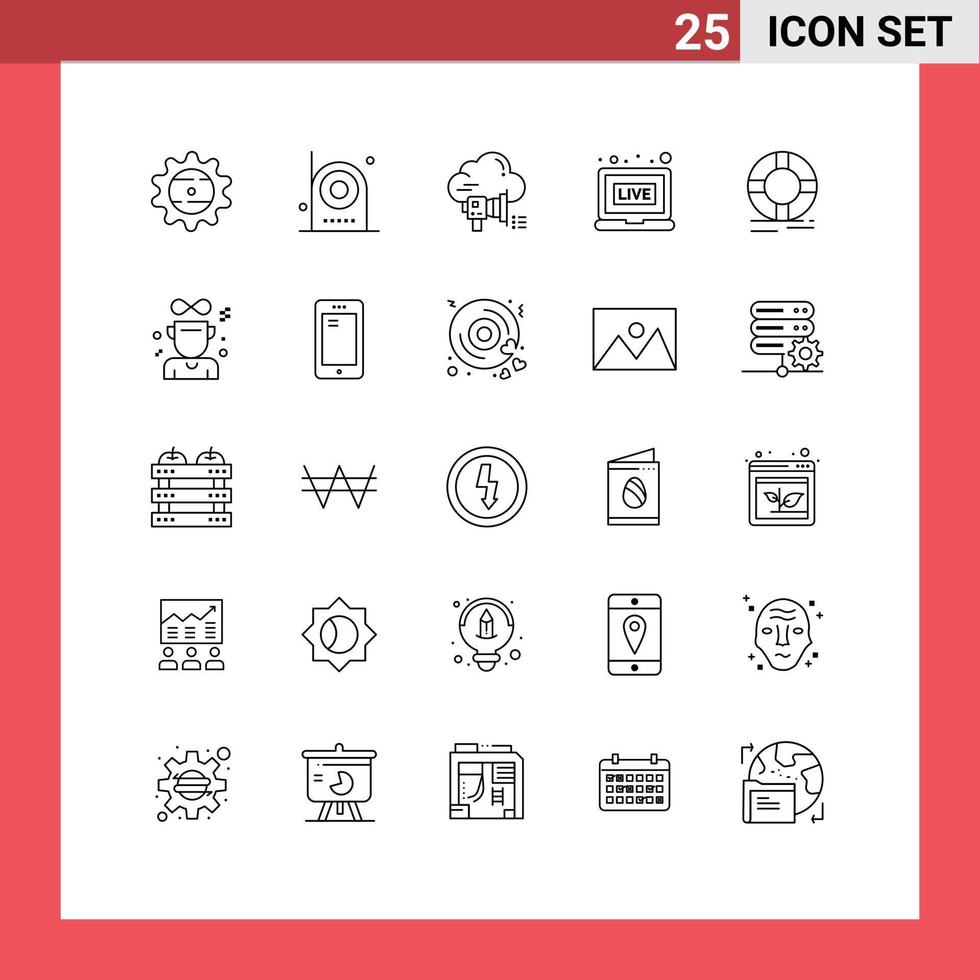Editable Vector Line Pack of 25 Simple Lines of circle live equipment broadcasting cloud Editable Vector Design Elements