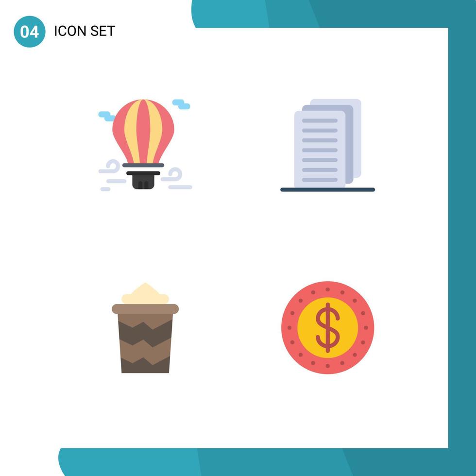 Set of 4 Commercial Flat Icons pack for balloon bucket airballoon document vacation Editable Vector Design Elements