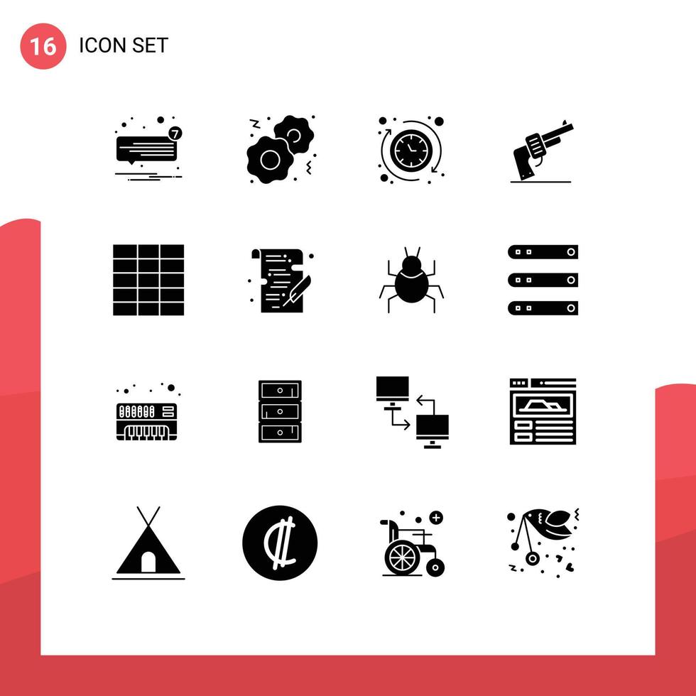 conjunto moderno de 16 glifos y símbolos sólidos, como la estructura alámbrica estadounidense alrededor de los elementos de diseño de vectores editables de armas