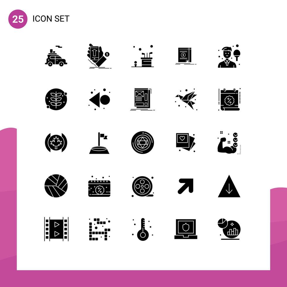 Mobile Interface Solid Glyph Set of 25 Pictograms of novel cash currency book game Editable Vector Design Elements