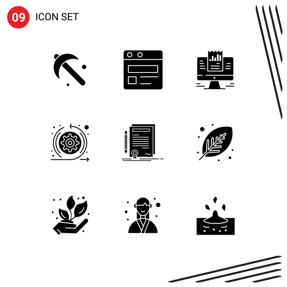 Pack of 9 creative Solid Glyphs of certificate sprint presentation scrum agile Editable Vector Design Elements
