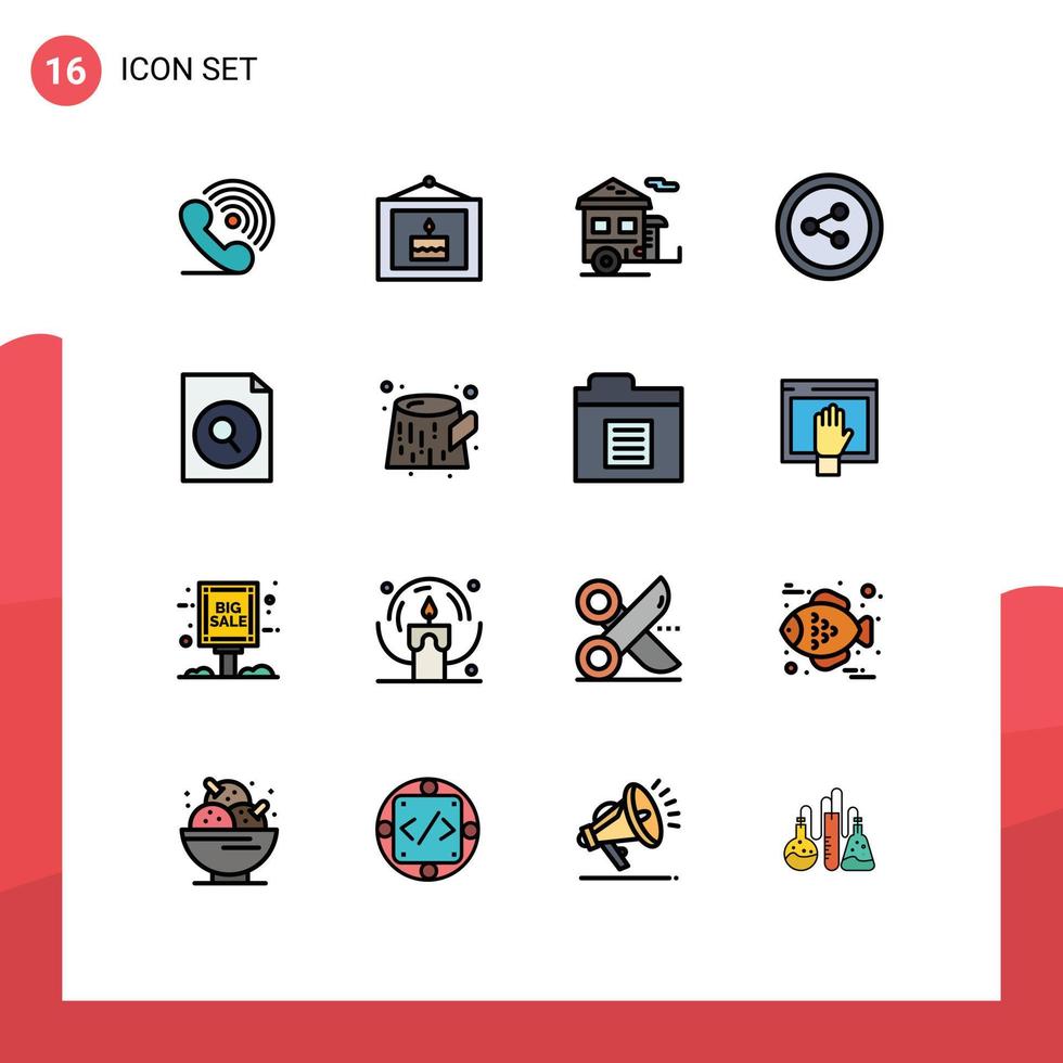 Pack of 16 creative Flat Color Filled Lines of file social media picture share trailer Editable Creative Vector Design Elements