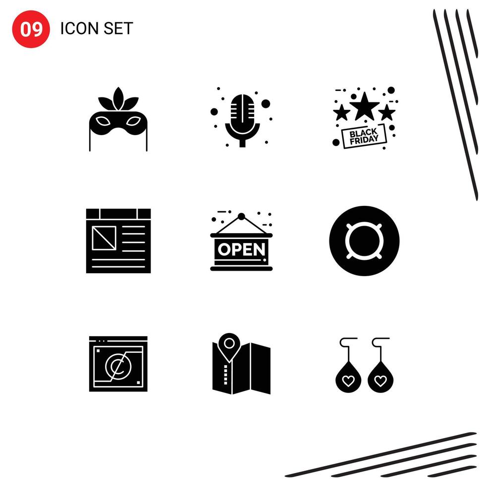 Pictogram Set of 9 Simple Solid Glyphs of generic money open percentage board page Editable Vector Design Elements