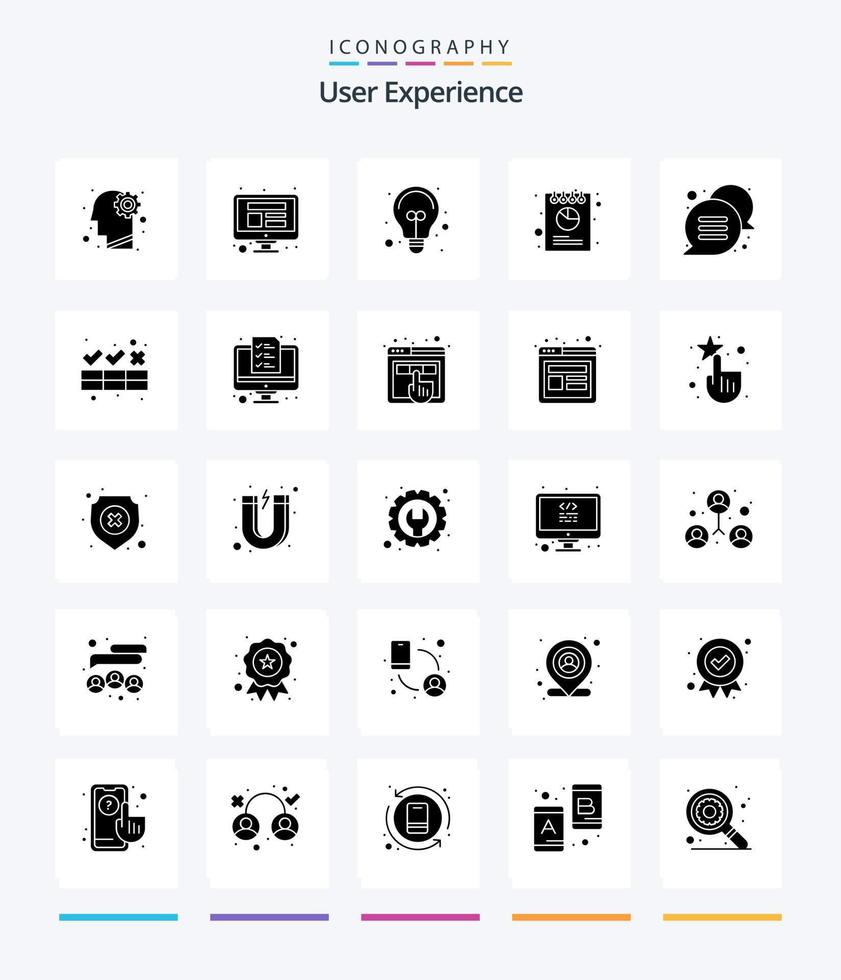 Creative User Experience 25 Glyph Solid Black icon pack  Such As bubble. chat. bulb. pie. chart vector