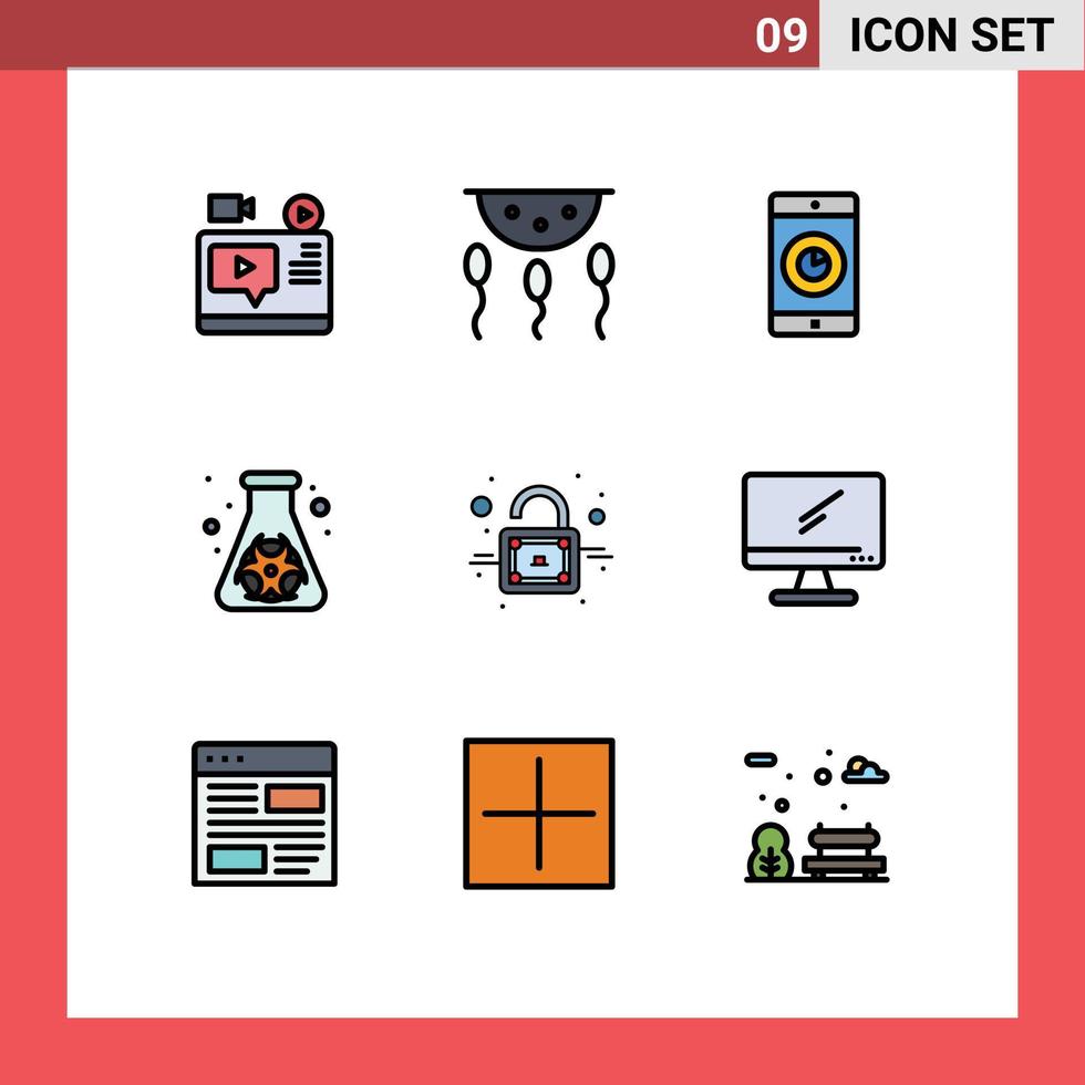 paquete de iconos de vector de stock de 9 signos y símbolos de línea para elementos de diseño de vector editables de aplicación móvil de matraz de laboratorio de peligro de residuos