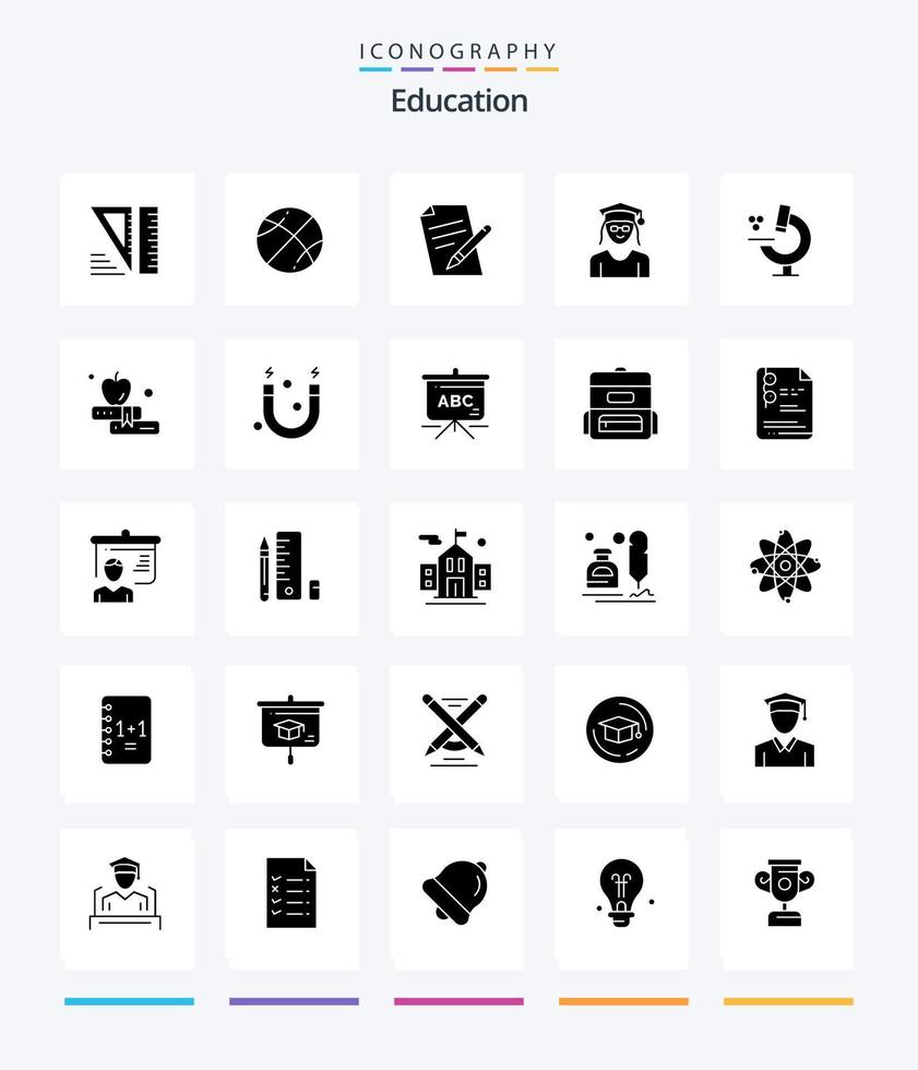 paquete de iconos de educación creativa de 25 glifos en negro sólido, como la ciencia. educación. educación. mujer. educación vector