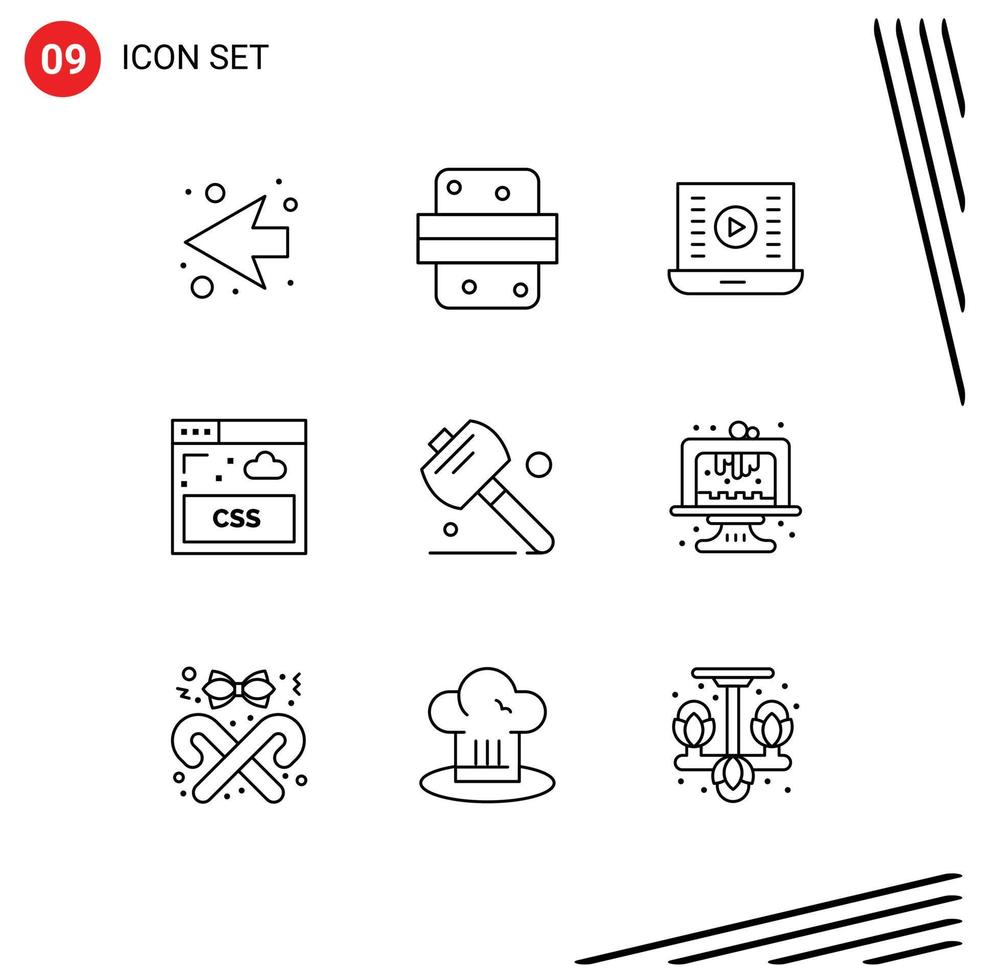 Editable Vector Line Pack of 9 Simple Outlines of hand style audio play sheet watch video Editable Vector Design Elements