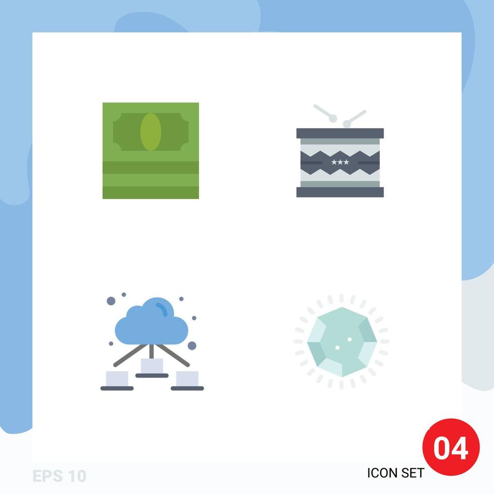 4 Thematic Vector Flat Icons and Editable Symbols of cash network drum parade diamond Editable Vector Design Elements