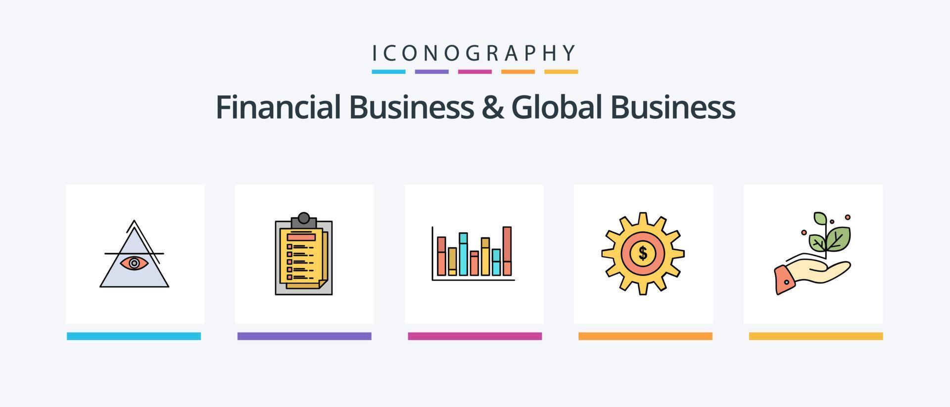 Financial Business And Global Business Line Filled 5 Icon Pack Including line. graph. bulding. projector. presentation. Creative Icons Design vector
