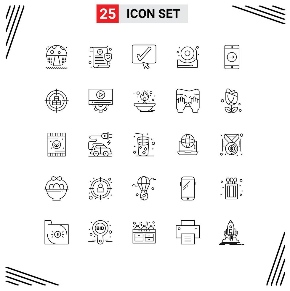 User Interface Pack of 25 Basic Lines of mobile application black fire alert Editable Vector Design Elements
