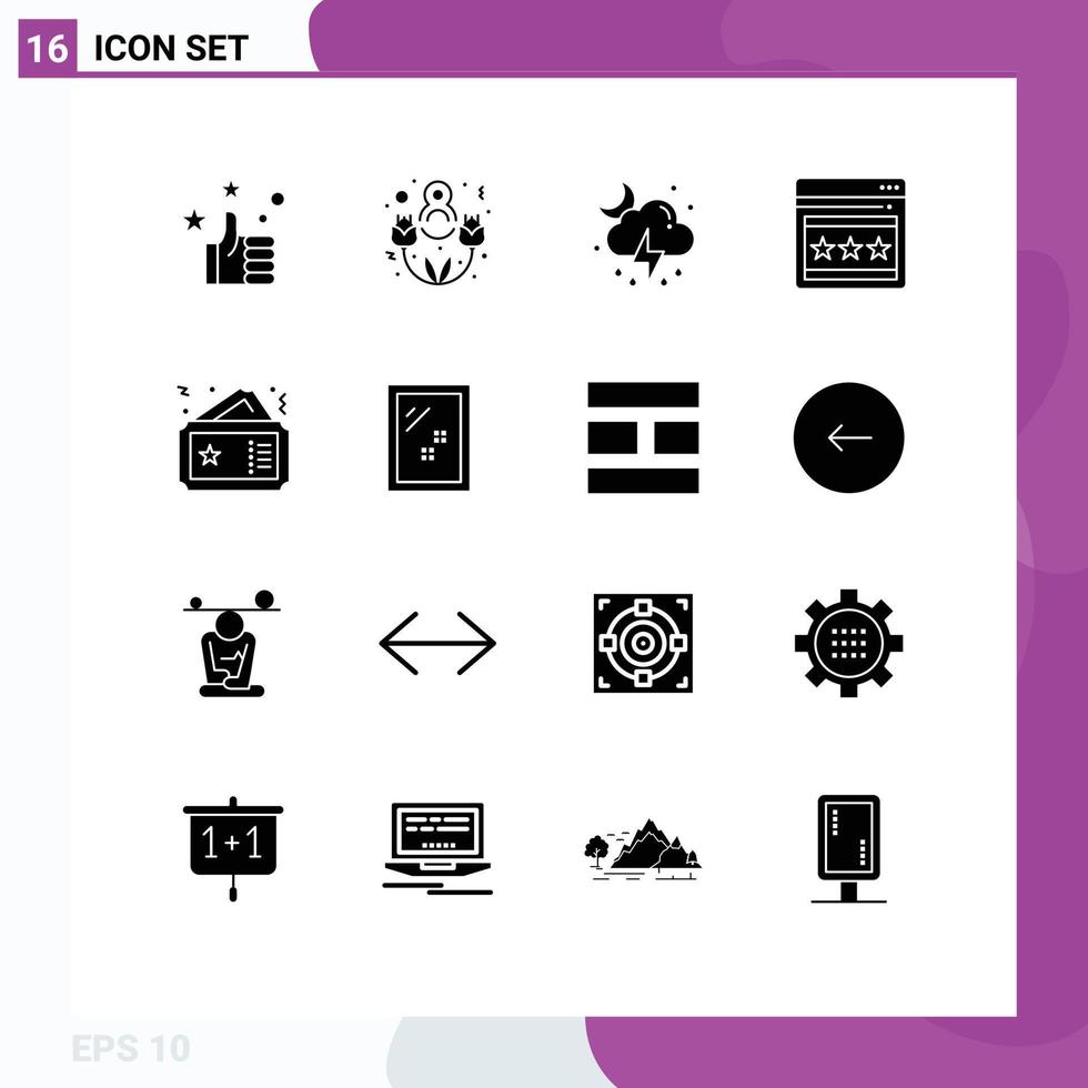 Mobile Interface Solid Glyph Set of 16 Pictograms of movie coupon moon pass webpage Editable Vector Design Elements