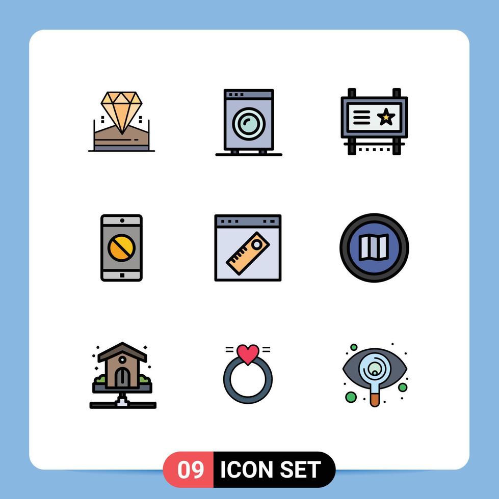 Mobile Interface Filledline Flat Color Set of 9 Pictograms of interface disabled mobile hardware disabled application promotion Editable Vector Design Elements