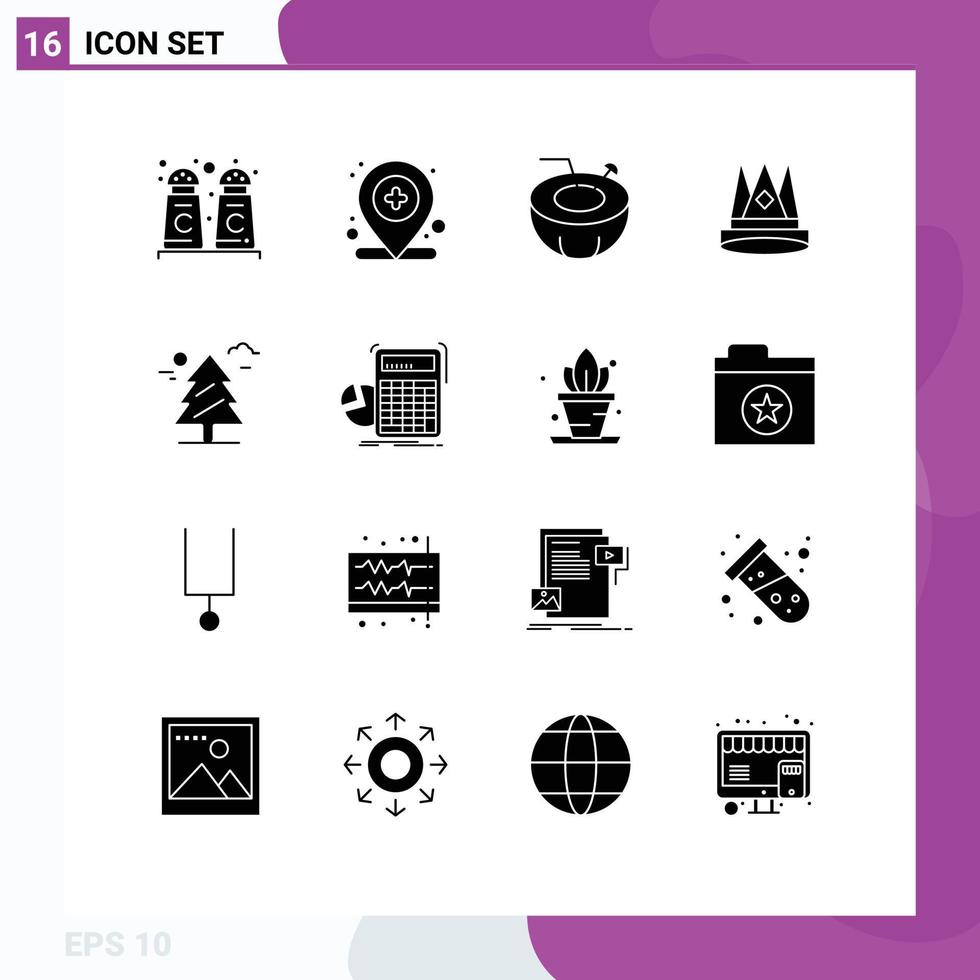 Modern Set of 16 Solid Glyphs and symbols such as forest position coconut drink first king Editable Vector Design Elements