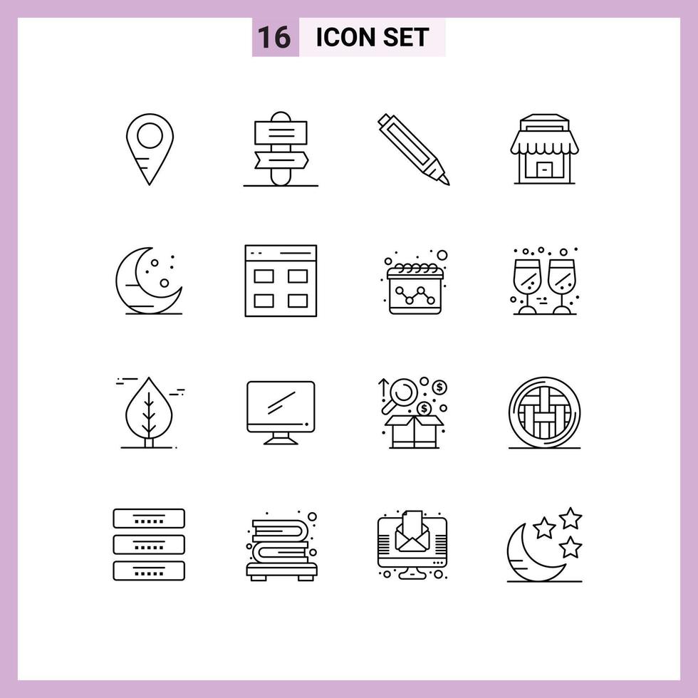 Set of 16 Vector Outlines on Grid for interface communication pencil night farming Editable Vector Design Elements