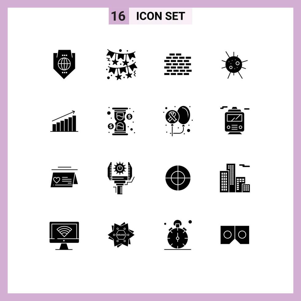 16 Universal Solid Glyphs Set for Web and Mobile Applications analytics analysis night party virus bacteria Editable Vector Design Elements