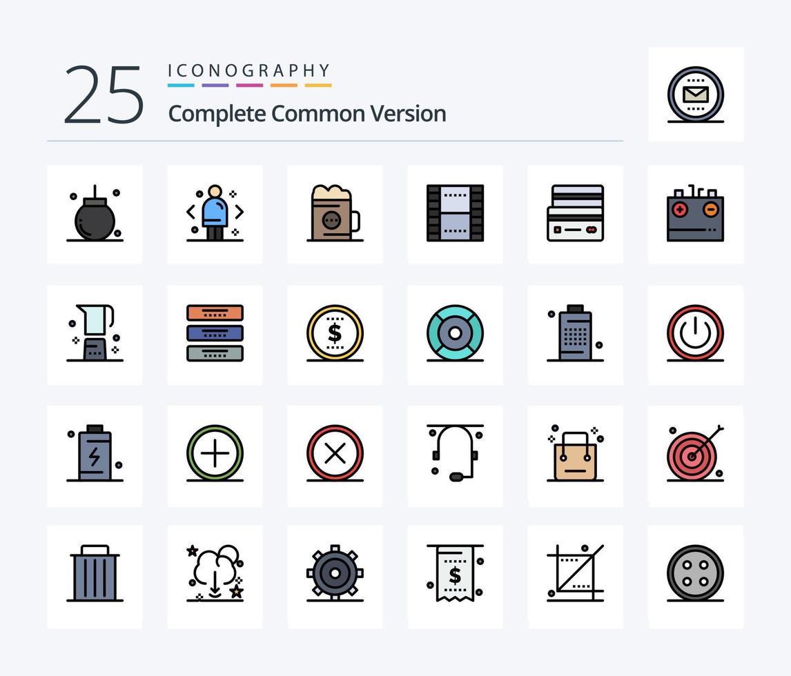 Complete Common Version 25 Line Filled icon pack including film. basic. direction. glass. beverage vector