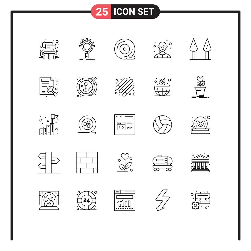 Modern Set of 25 Lines Pictograph of asparagus lady cd female storage device Editable Vector Design Elements
