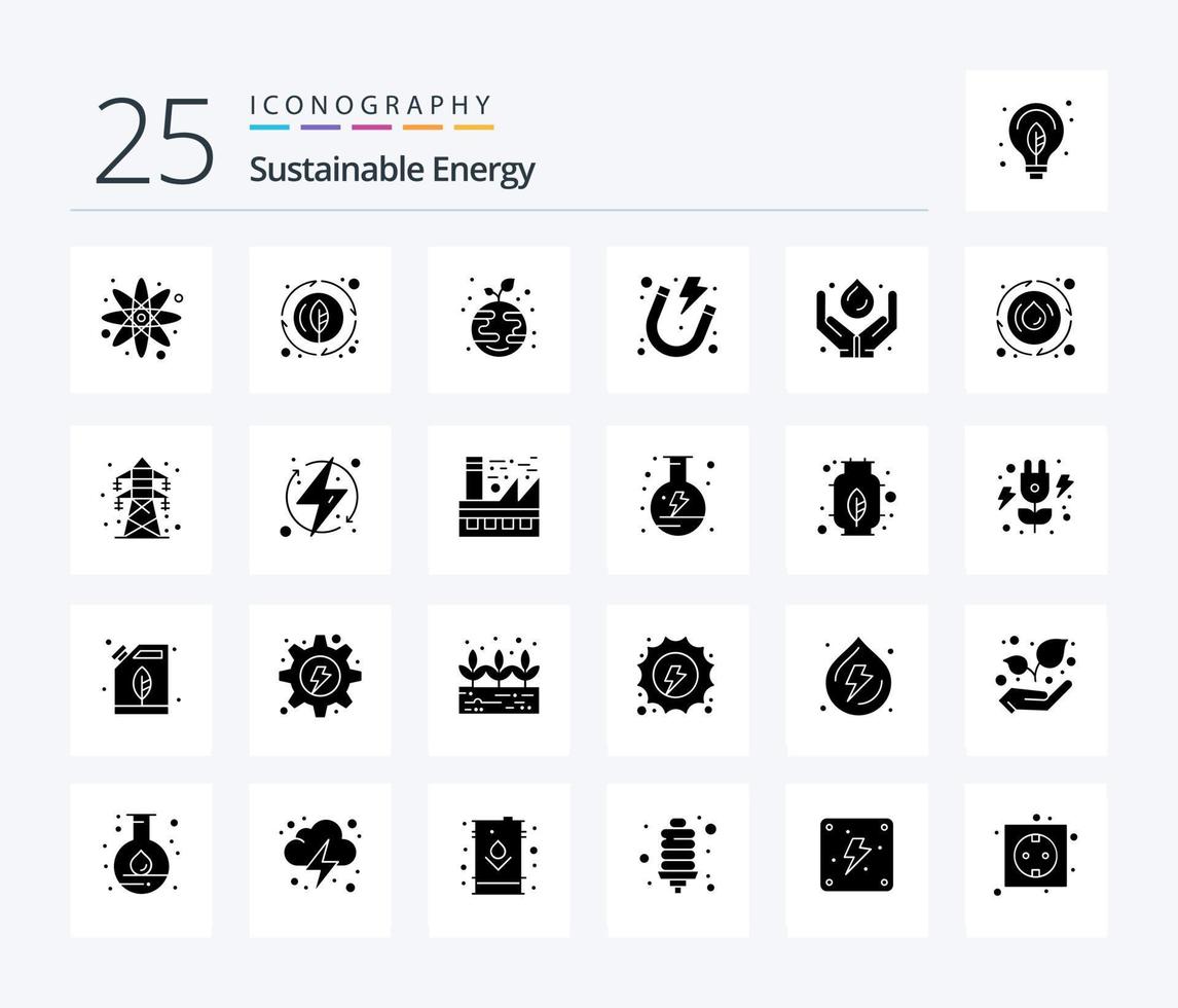 energía sostenible 25 paquete de iconos de glifos sólidos que incluye medicina. cuidado. crecimiento. imán. energía vector