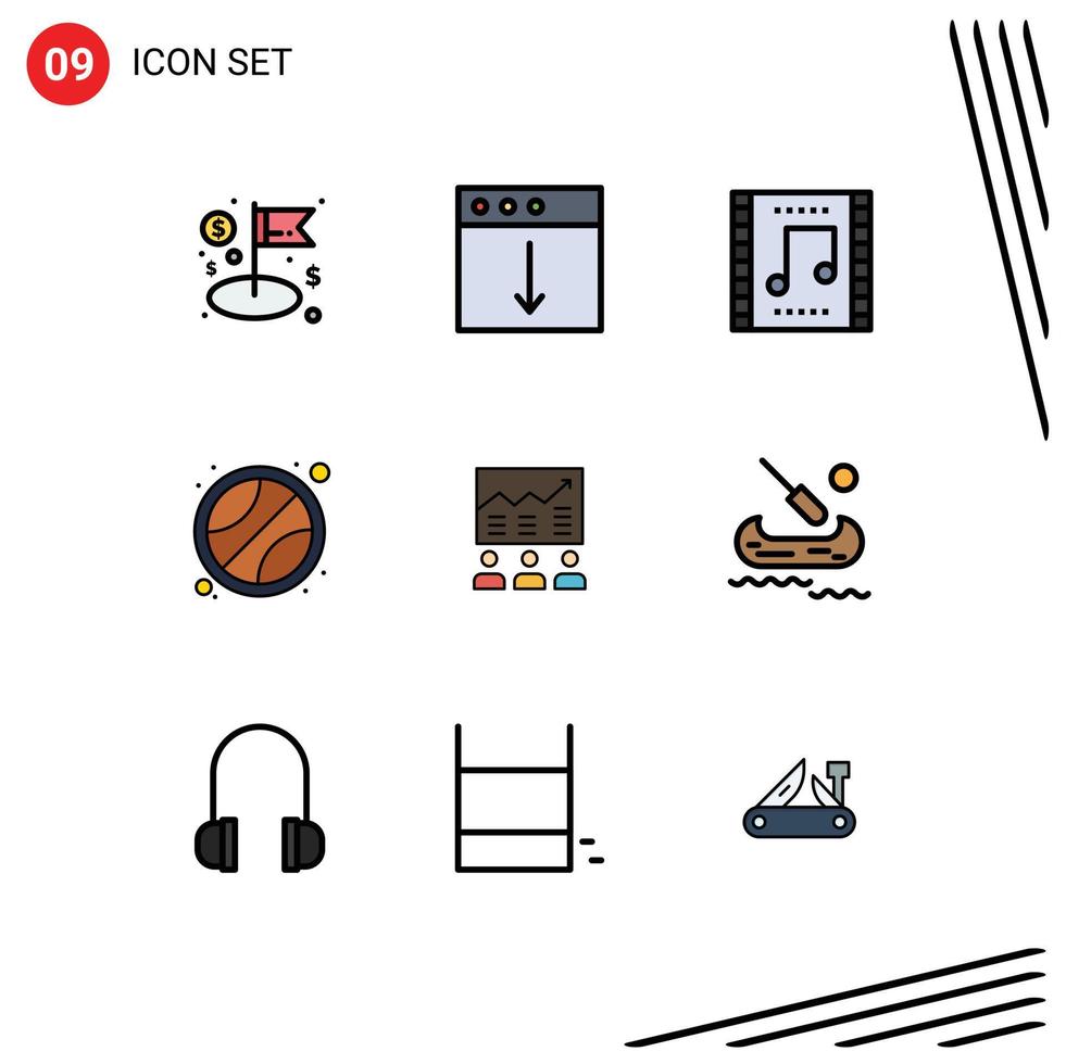 User Interface Pack of 9 Basic Filledline Flat Colors of arrow tennis celebration sport music scene Editable Vector Design Elements