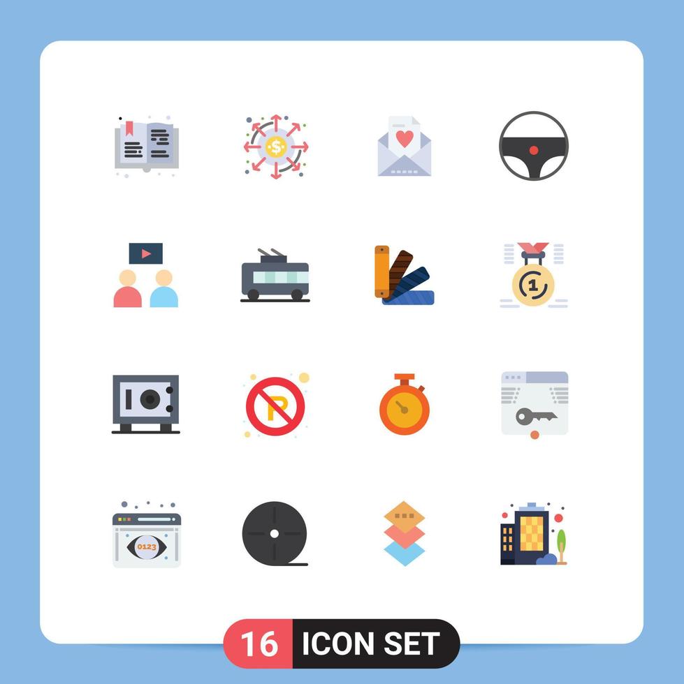 Editable Vector Line Pack of 16 Simple Flat Colors of video man payments wheel car Editable Pack of Creative Vector Design Elements