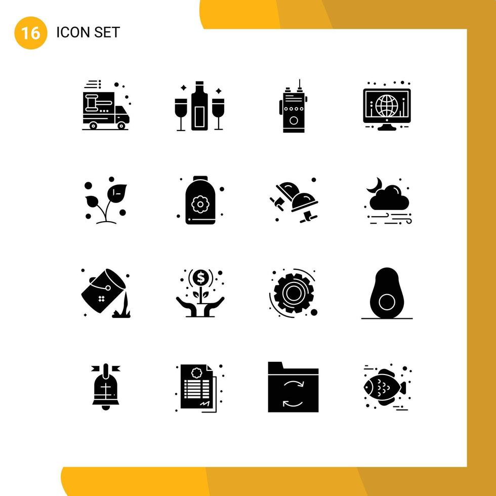 Pictogram Set of 16 Simple Solid Glyphs of screen globe champagne camping communication Editable Vector Design Elements