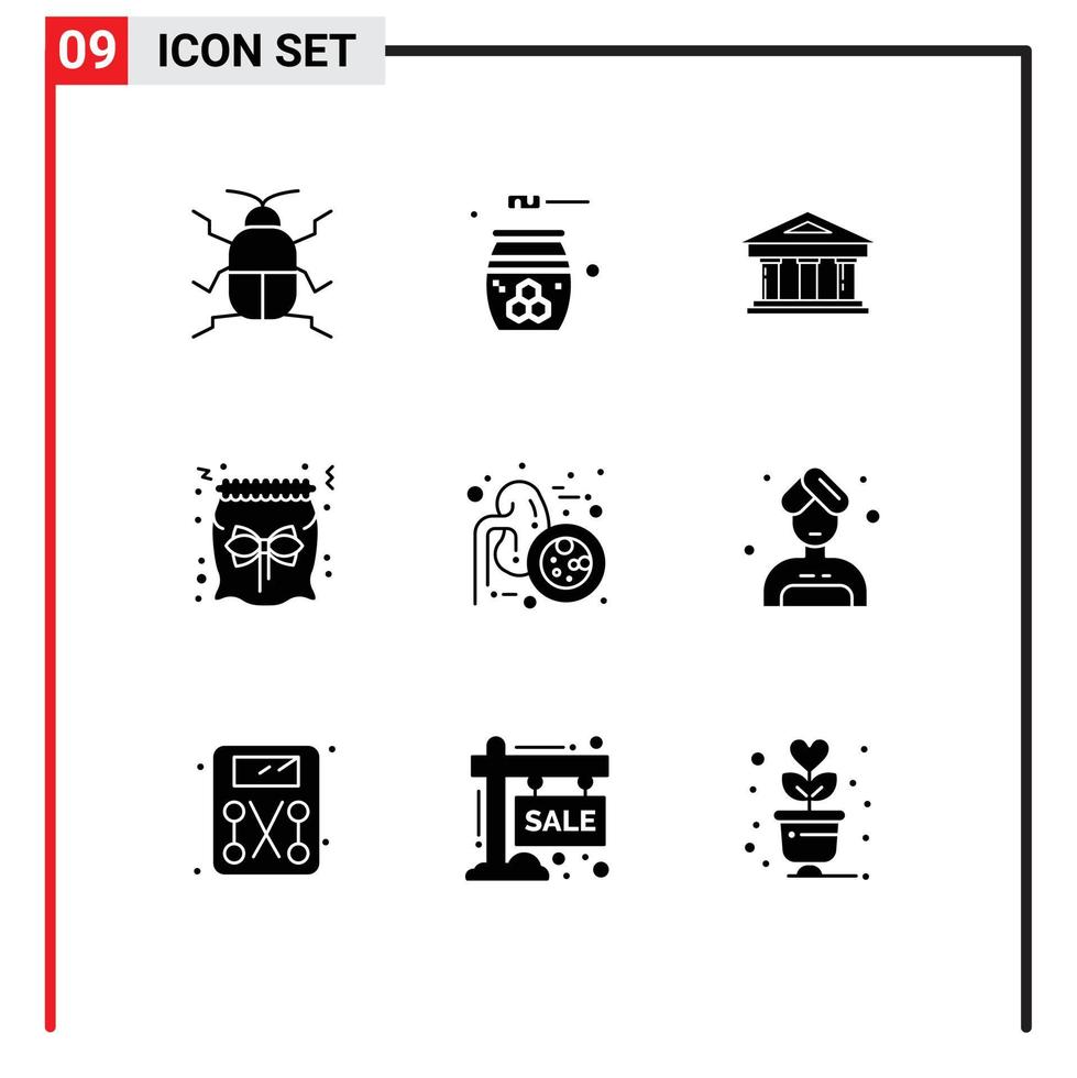 Modern Set of 9 Solid Glyphs Pictograph of gift candy relaxation bag finance Editable Vector Design Elements