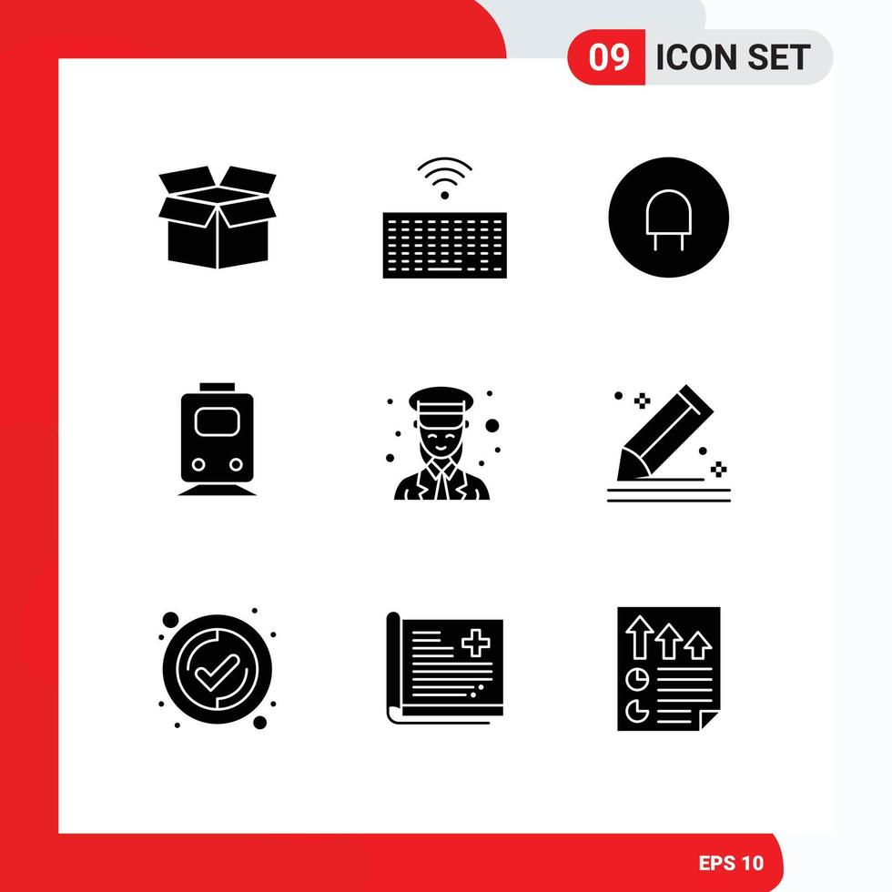 Group of 9 Solid Glyphs Signs and Symbols for lady female electric travel train Editable Vector Design Elements