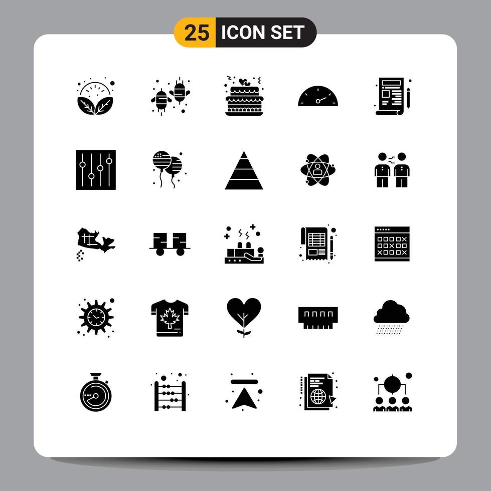 Pack of 25 Modern Solid Glyphs Signs and Symbols for Web Print Media such as design speedometer fly speed party Editable Vector Design Elements