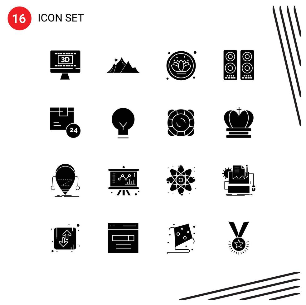 Universal Icon Symbols Group of 16 Modern Solid Glyphs of delivery speaker sun movie cinema Editable Vector Design Elements