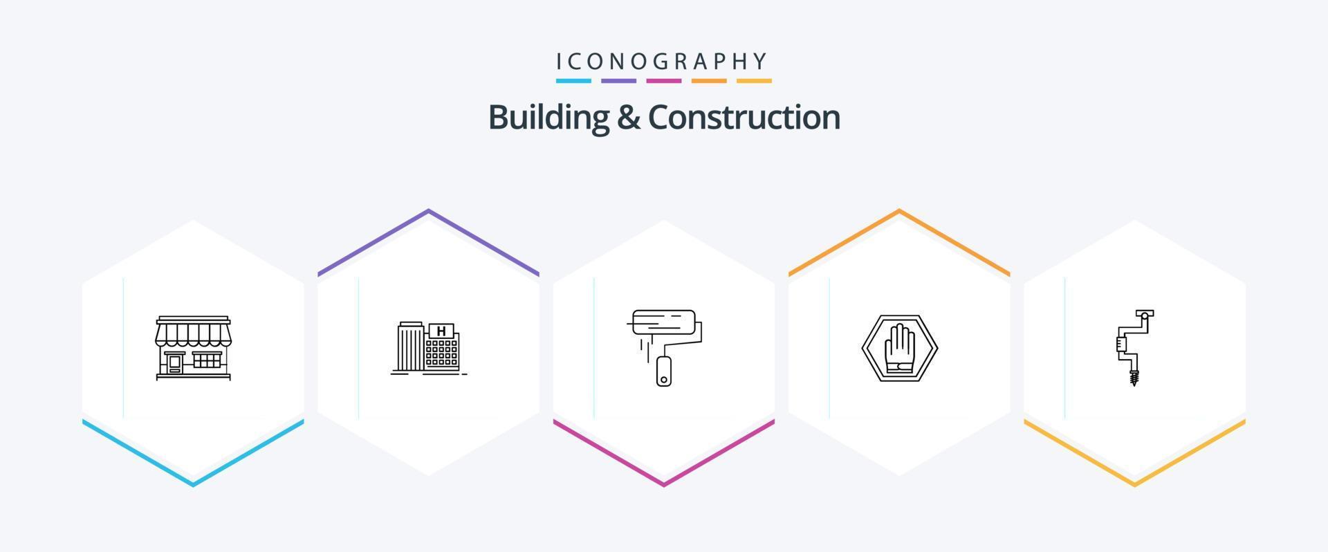 paquete de iconos de 25 líneas de construcción y construcción que incluye letrero. parada. edificio. Cepillo de pintura. rodillo vector