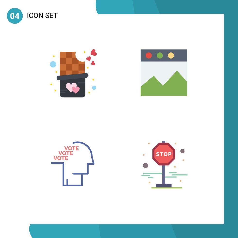 paquete de 4 iconos planos modernos, signos y símbolos para medios impresos en la web, como barra de chocolate, análisis de referéndum de mordedura, tablero de votación, elementos de diseño de vectores editables