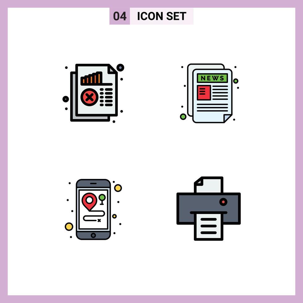 Set of 4 Vector Filledline Flat Colors on Grid for document location monitoring newspaper mobile Editable Vector Design Elements