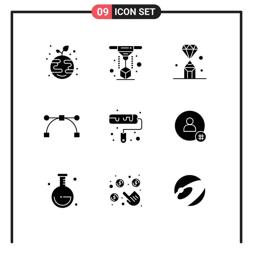 Group of 9 Solid Glyphs Signs and Symbols for paint point gems bezier value Editable Vector Design Elements