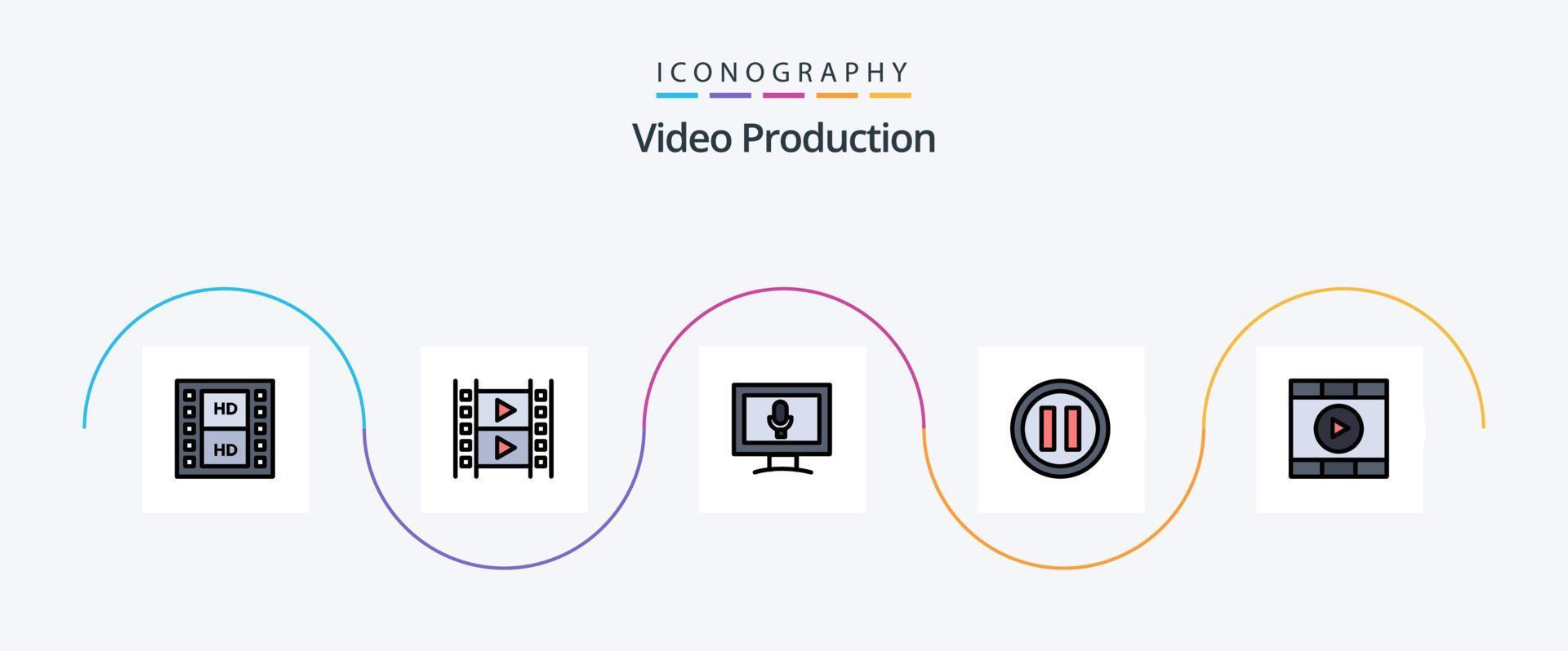 la línea de producción de video llenó el paquete de iconos planos 5 que incluye. música. tocar vector