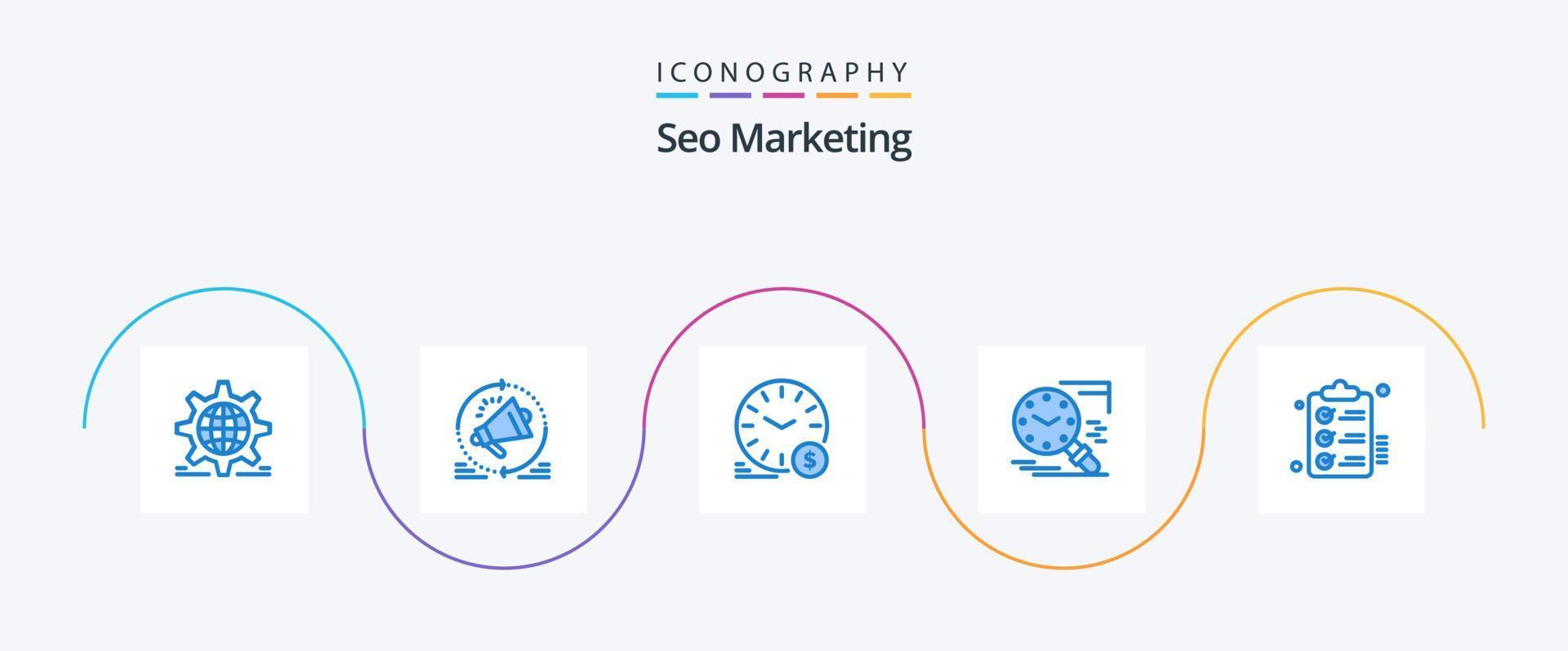 seo marketing azul 5 paquete de iconos que incluye tiempo. buscar. anuncio. moneda. dólar vector