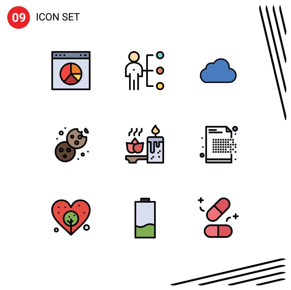 Pictogram Set of 9 Simple Filledline Flat Colors of aromatherapy dessert recruitment cookie cloudy Editable Vector Design Elements