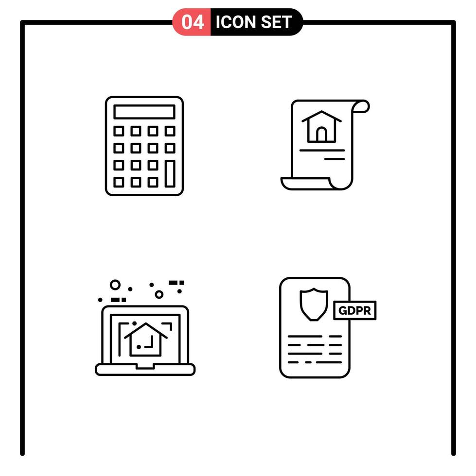 Group of 4 Filledline Flat Colors Signs and Symbols for calculator laptop construction building estate Editable Vector Design Elements