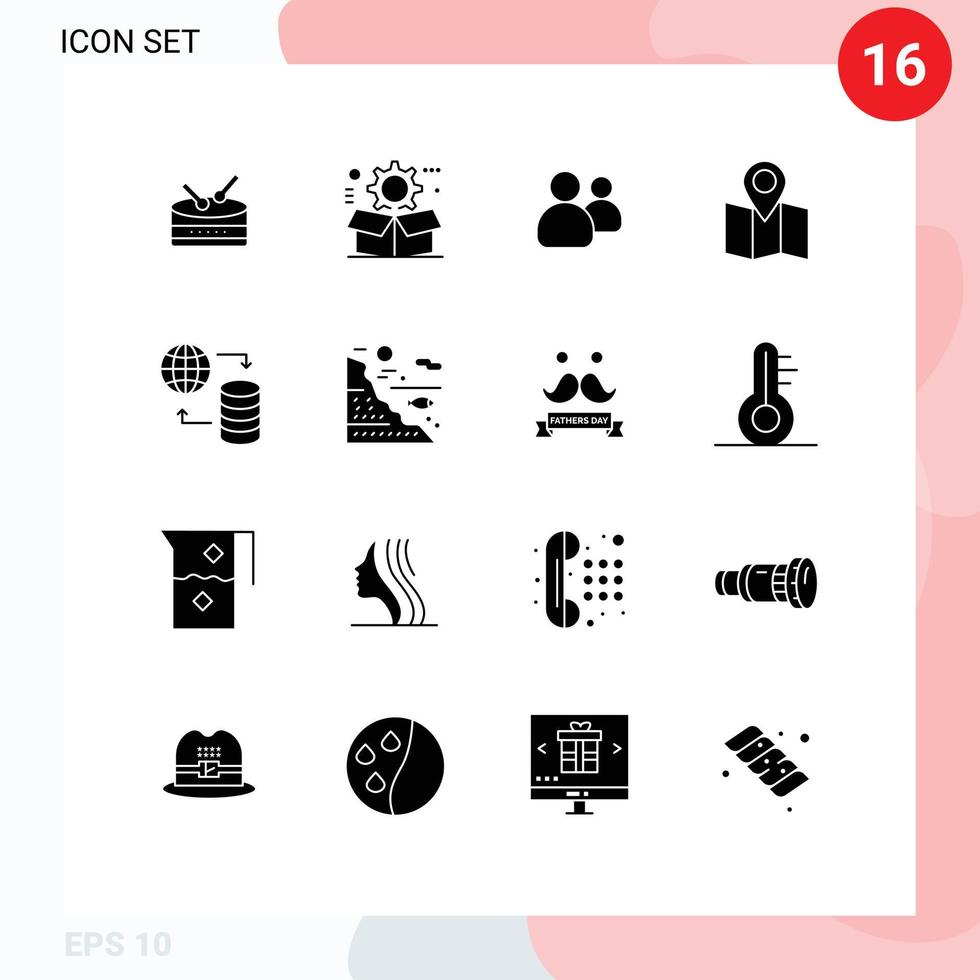 Universal Icon Symbols Group of 16 Modern Solid Glyphs of web world group hosting map Editable Vector Design Elements