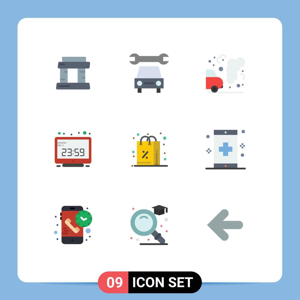 Mobile Interface Flat Color Set of 9 Pictograms of purchases discount garbage display computer clock Editable Vector Design Elements