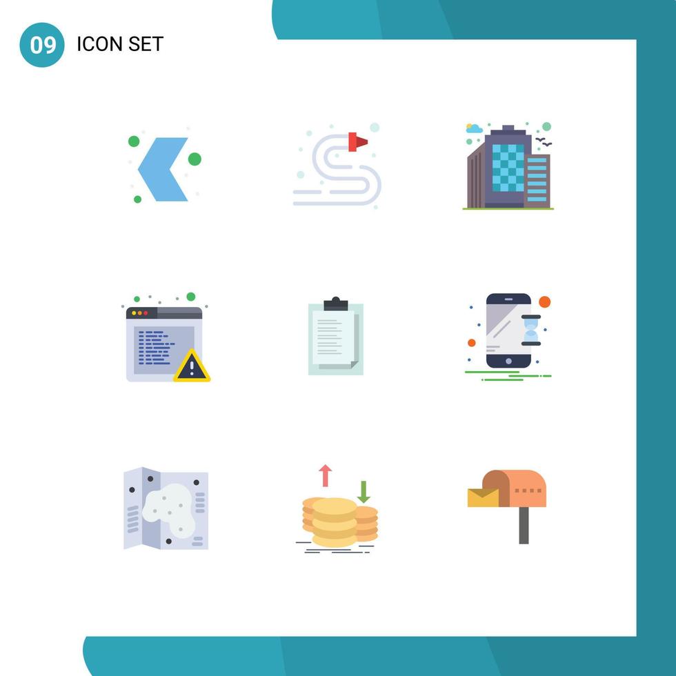 9 User Interface Flat Color Pack of modern Signs and Symbols of result notepad water hose error alert Editable Vector Design Elements