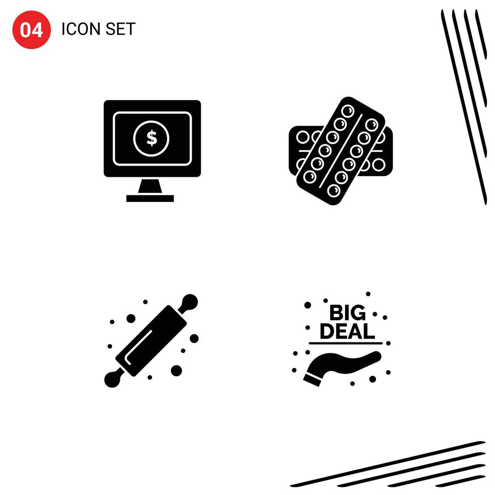 Pack of 4 Modern Solid Glyphs Signs and Symbols for Web Print Media such as monitor baking medicine tablet bread rolling pin Editable Vector Design Elements