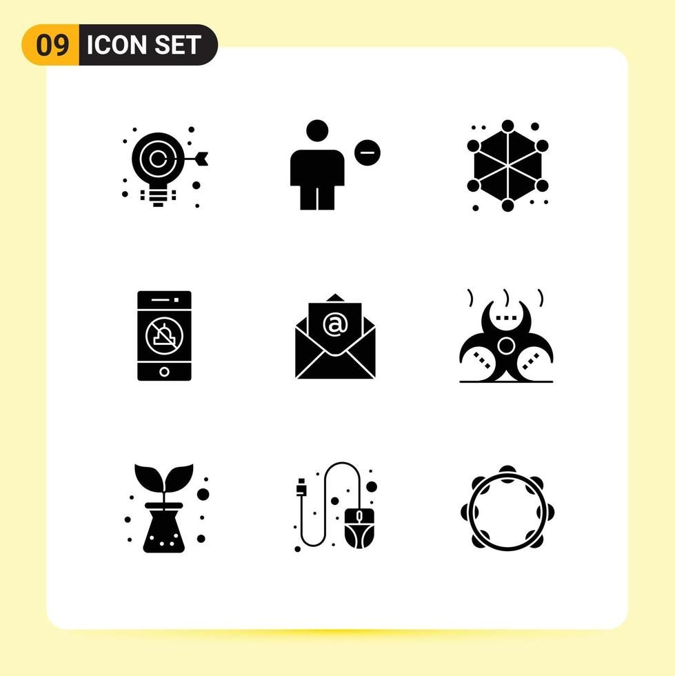 Modern Set of 9 Solid Glyphs Pictograph of email speaker minus mute web Editable Vector Design Elements