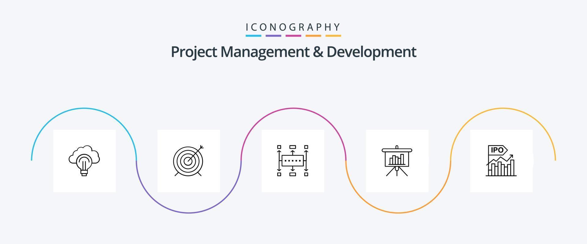 Project Management And Development Line 5 Icon Pack Including report. blackboard. focus. presentation. modern vector