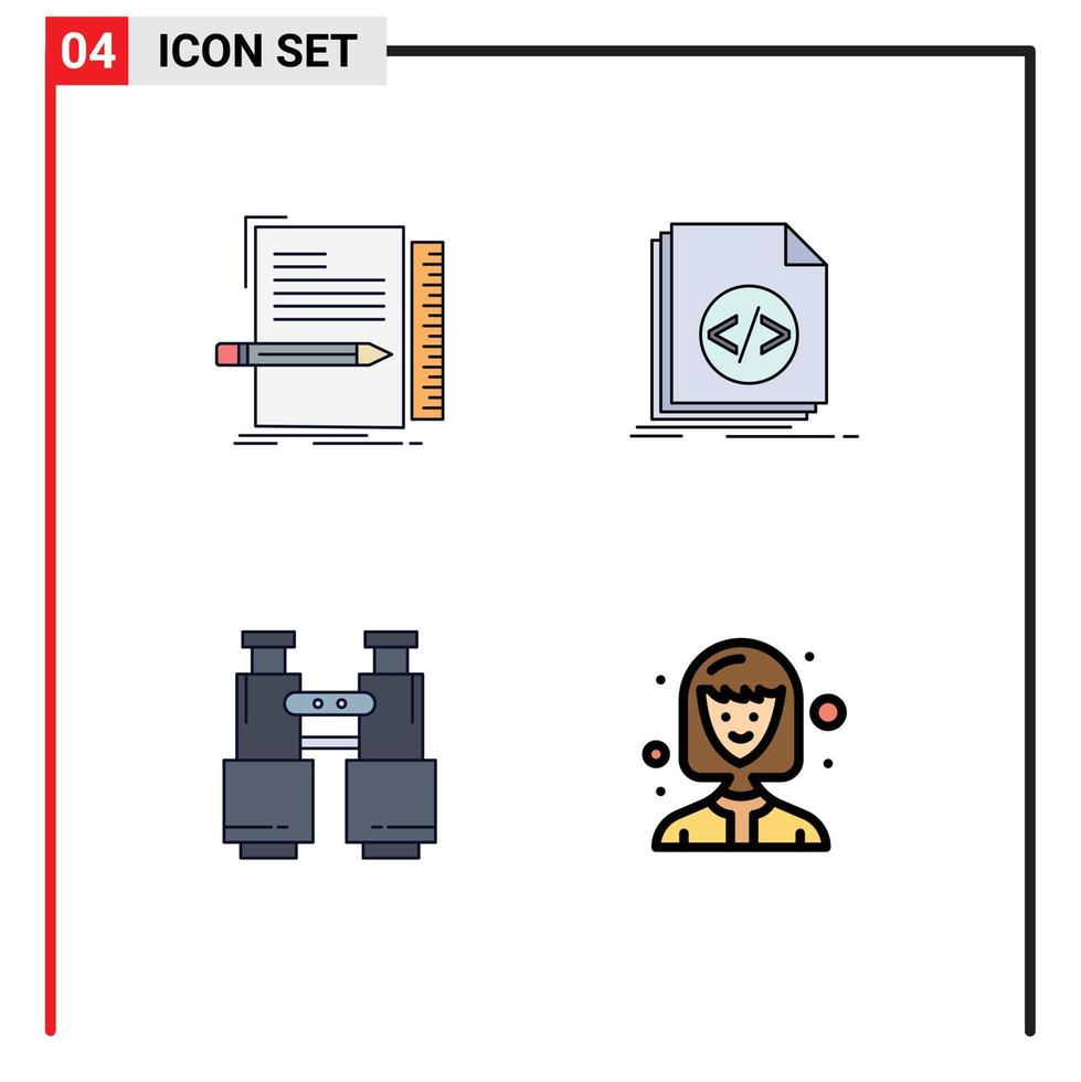 conjunto de pictogramas de 4 colores planos de línea rellena simple de programación de campamento de código encontrar elementos de diseño vectorial editables de estudiantes femeninas vector