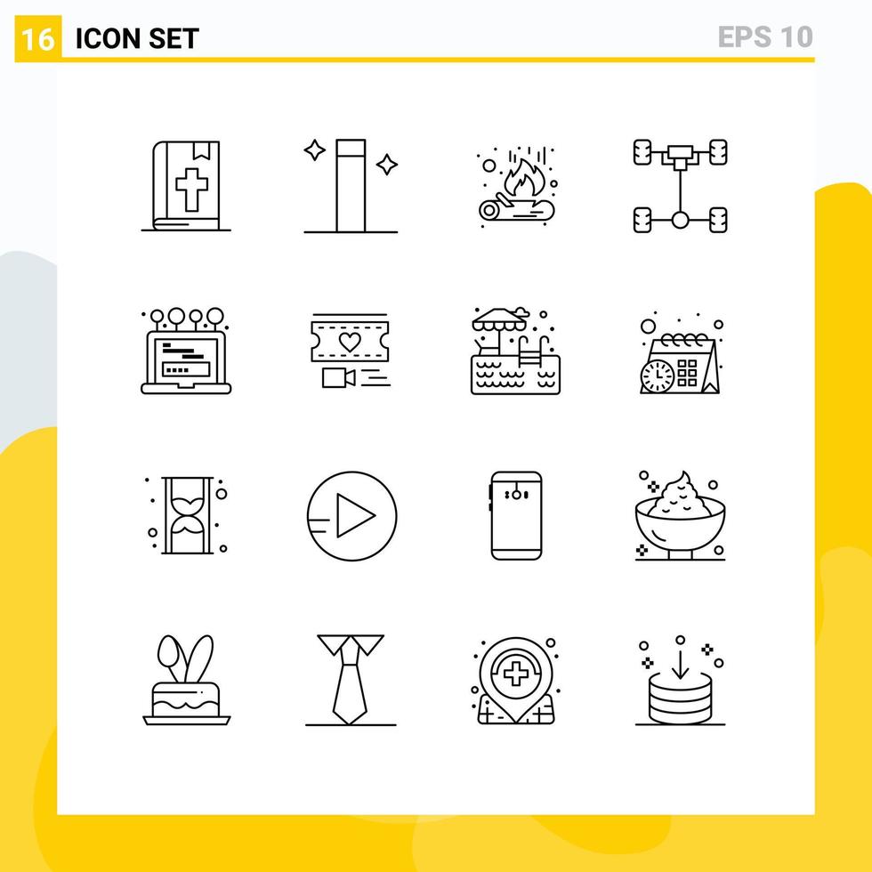 Modern Set of 16 Outlines and symbols such as computer laptop fire install chassis Editable Vector Design Elements