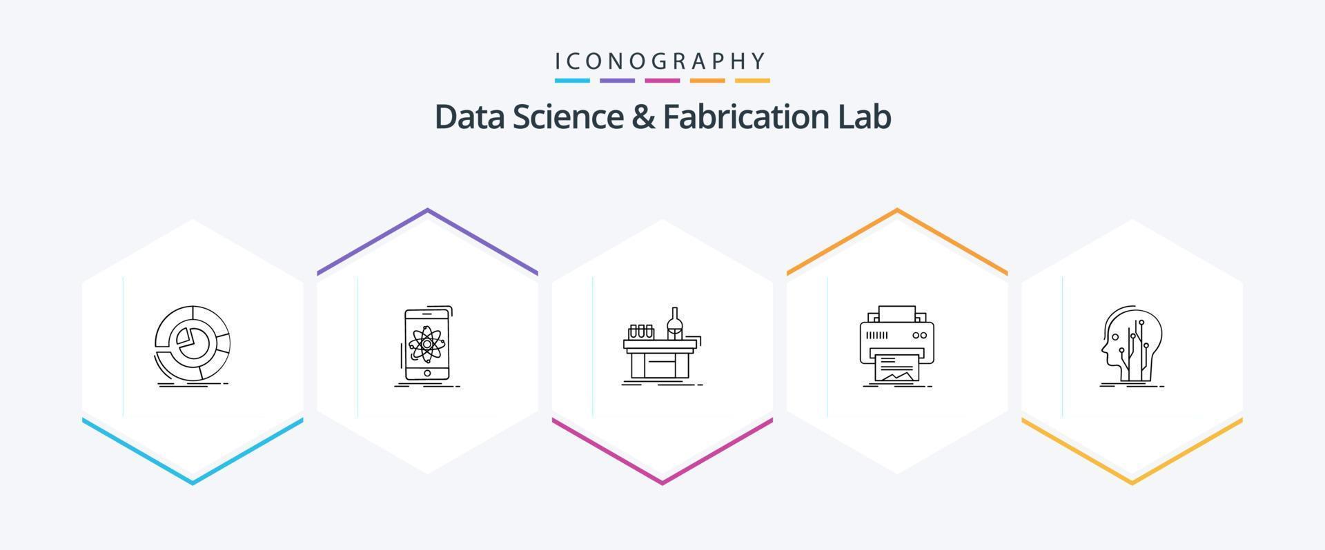 Data Science And Fabrication Lab 25 Line icon pack including printing. digital. research. production. lab vector