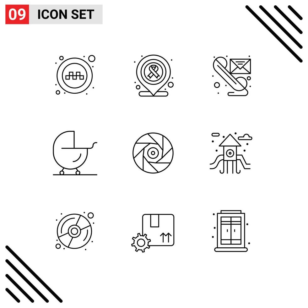 Pictogram Set of 9 Simple Outlines of entertainment pram message carriage baby Editable Vector Design Elements